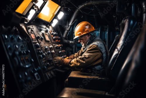 Photo of a man in a hard hat operating a control panel in a mining site
