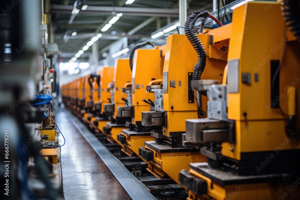 A row of industrial machinery in a manufacturing plant