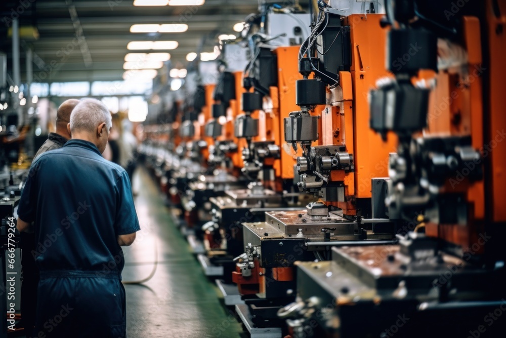 Obraz premium An industrial worker observing machinery in a factory