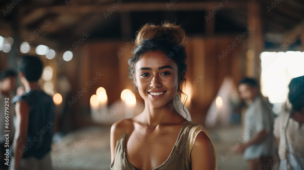 Smiling woman in a rustic room, connecting with the camera. Her warm expression stands out in the lively environment with other people. Smiling woman in a rustic room, connecting with the camera. Her warm expression stands out in the lively environment with other people.
