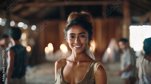 Smiling woman in a rustic room, connecting with the camera. Her warm expression stands out in the lively environment with other people. © wetzkaz