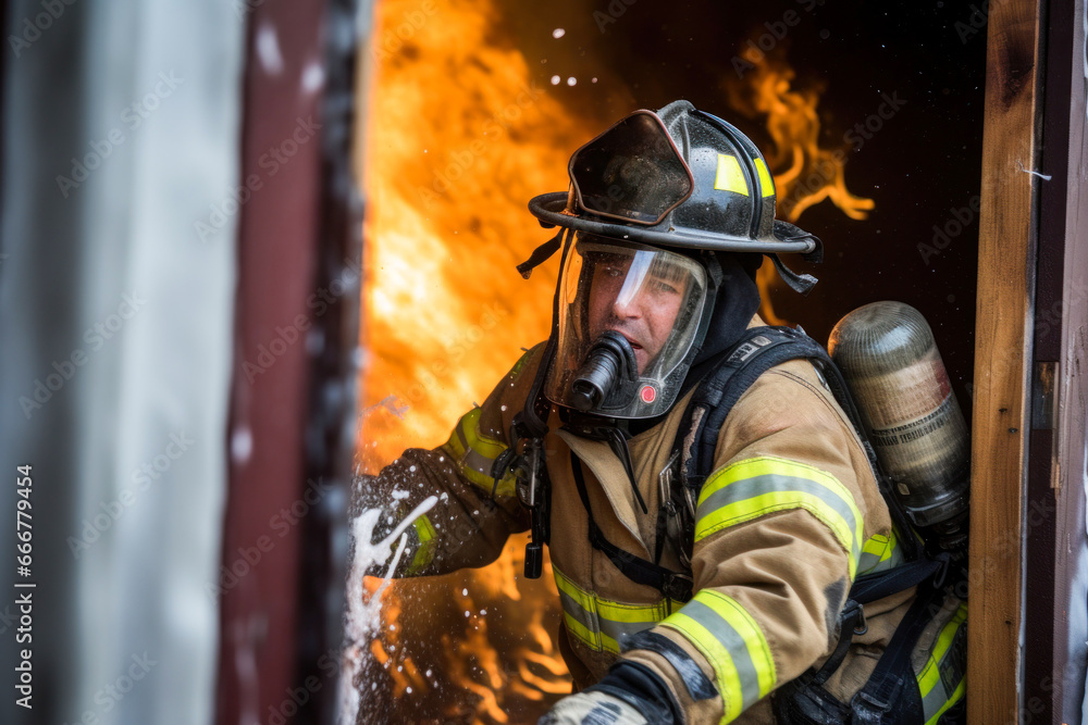 Naklejka premium Photo of a firefighter bravely fighting a raging fire with a powerful hose