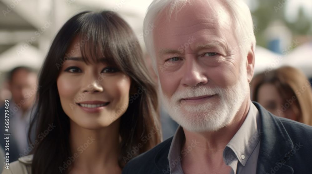 An older man with a white beard and a younger woman with dark hair stand side by side, smiling at an outdoor social event in a lively atmosphere. An older man with a white beard and a younger woman with dark hair stand side by side, smiling at an outdoor social event in a lively atmosphere.