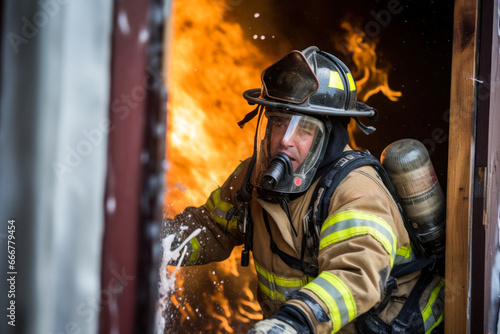 Photo of a firefighter bravely fighting a raging fire with a powerful hose