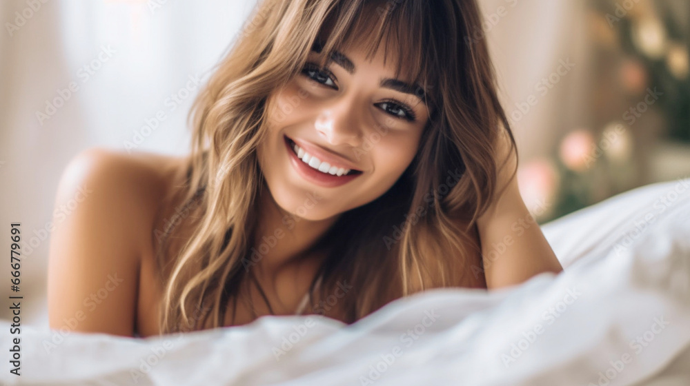 Obraz premium Young, inviting Hispanic woman on hotel bed, relaxed and content