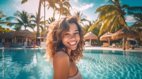 Young woman by pool, enjoying resort, smiling
