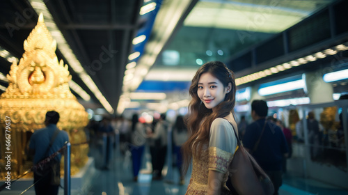 Young Asian woman in yellow dress, smiling amid bustling terminal