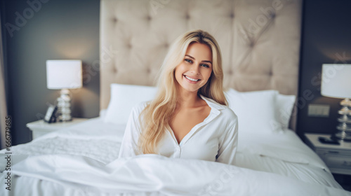 Blonde woman with bright sm...