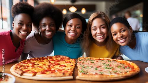 Five diverse young women, smiling around table with pizzas, celebrating together