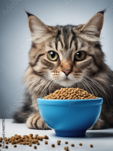 Cute cat near bowl with food. Grey background..