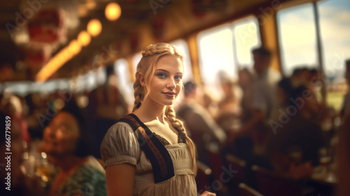 Young, pretty blonde in traditional Bavarian dress, smiling in lively crowd © wetzkaz