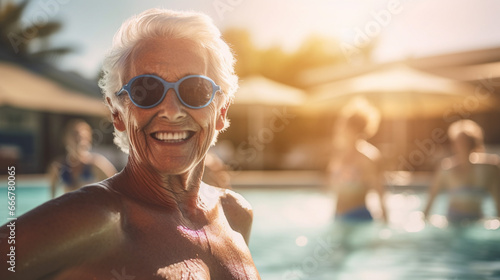 Smiling senior American woman in swim cap enjoys group swimming in sunny outdoor pool.