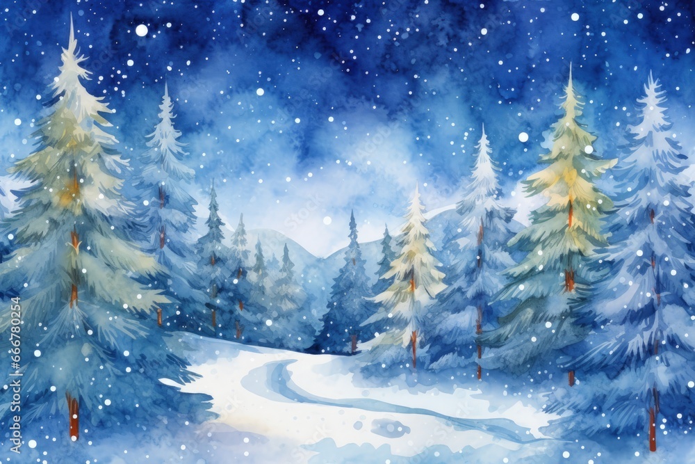 fairytale christmas forest in a watercolor scene, new year landscape