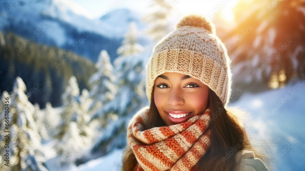 Young woman in white and red scarf smiles in snowy forest, basking in the sun's warmth, radiating happiness in the winter landscape. Young woman in white and red scarf smiles in snowy forest, basking in the sun's warmth, radiating happiness in the winter landscape.