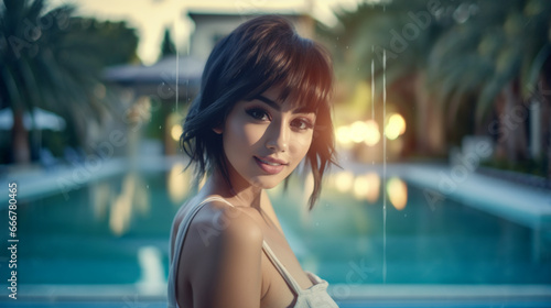 Young, beautiful Asian woman smiles by the pool, capturing a joyful moment on a sunny day. The palm trees and relaxed atmosphere enhance the image's serene beauty.