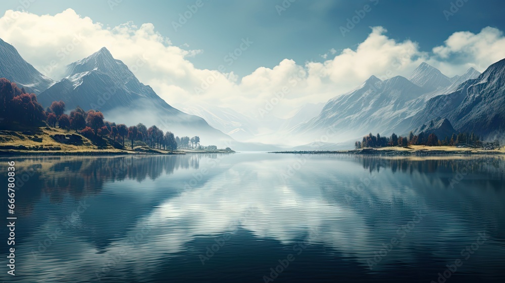  a lake surrounded by mountains and trees in the foreground.  generative ai