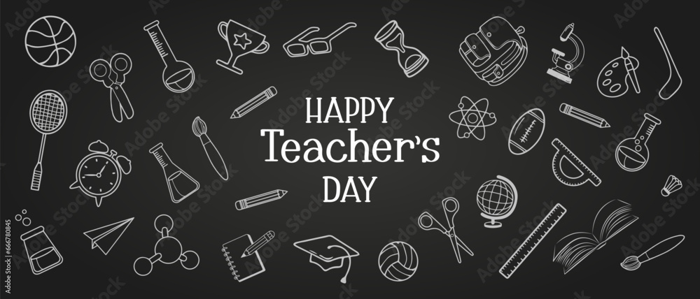 Happy Teachers Day. Lettering On the background of hand-drawn school items. Sketch, outline. Illustration for Teacher's Day, vector Happy Teachers Day. Lettering On the background of hand-drawn school items. Sketch, outline. Illustration for Teacher's Day, vector