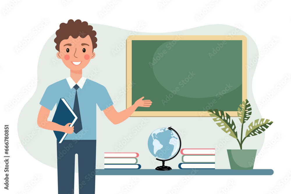 Male teacher at the blackboard in the classroom. Cartoon illustration. Vector