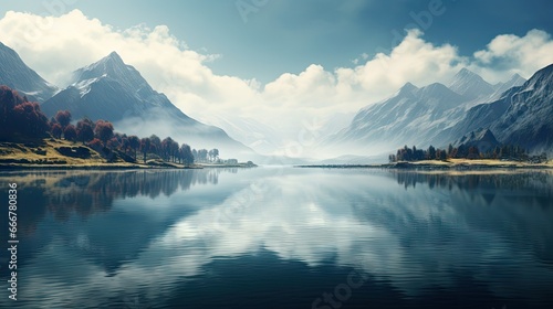  a lake surrounded by mountains and trees in the foreground.  generative ai © Olga
