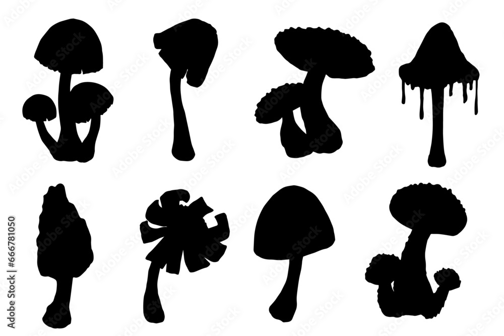 Set of silhouettes of forest mushrooms toadstools. Vector graphics.