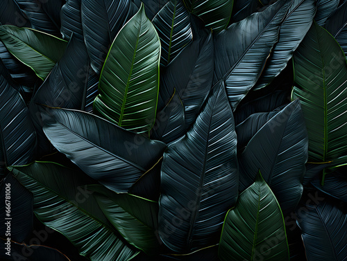 Textures of abstract black leaves for tropical leaf background. Flat lay, dark nature concept, tropical leaf 
