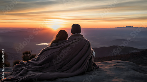 A couple wrapped in a blanket watching the sun rise from a mountaintop a moment of shared tranquility. photo