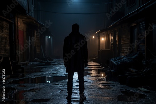 suspicious man in a dark alley waiting for something
