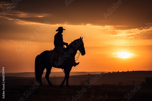 silhouette of a cowboy on a horse at sunset