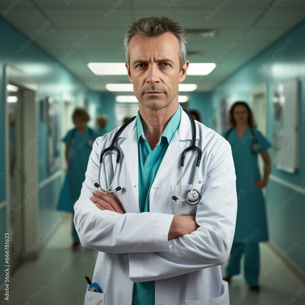 50 year old male doctor standing in the hospital with serious facial expression 50 year old male doctor standing in the hospital with serious facial expression