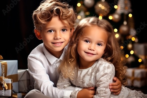 Portrait of beautiful children: boy and girl near the Christmas tree with gifts