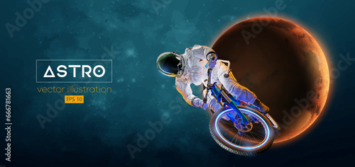 Abstract silhouette of a mtb rider, astronaut is doing a trick, on sport bicycle in space action and Earth, Mars, planets on the background of the space. Mountain cycling sport transport. Vector