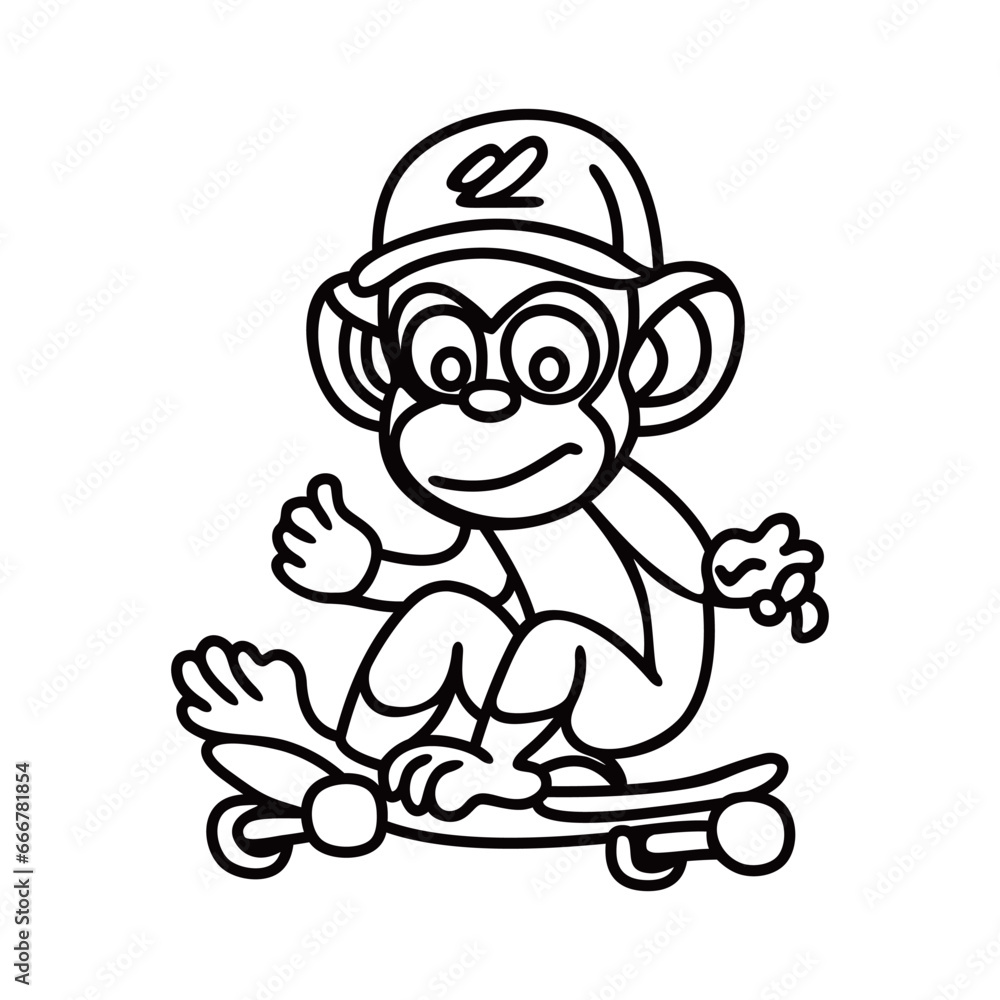 Monkey rides on a skateboard waving line art Monkey rides on a skateboard waving line art