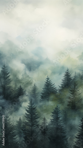 Enchanting woodland landscape painting with lush green trees