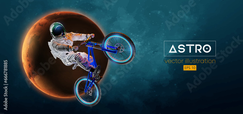 Abstract silhouette of a mtb rider, astronaut is doing a trick, on sport bicycle in space action and Earth, Mars, planets on the background of the space. Mountain cycling sport transport. Vector