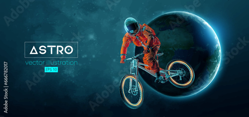 Abstract silhouette of a mtb rider, astronaut is doing a trick, on sport bicycle in space action and Earth, Mars, planets on the background of the space. Mountain cycling sport transport. Vector