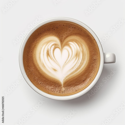 White cup of coffee with heart shaped foam, cute card, Valentine's Day banner, top view