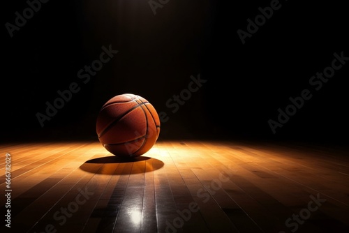 Orange basketball on dark wooden floor, lit by spotlight. Generative AI © Aradia