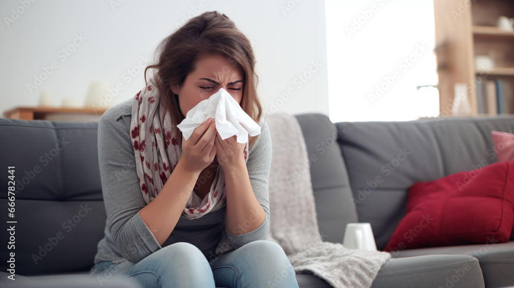 sick woman blowing their nose while she sits on the couch at home - obrazy, fototapety, plakaty 