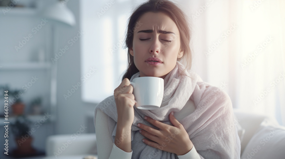 sick woman blowing their nose while she sits on the couch at home sick woman blowing their nose while she sits on the couch at home
