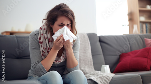 sick woman blowing their nose while she sits on the couch at home