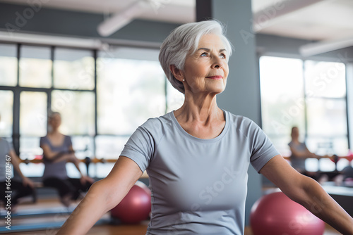 A grandmother perfecting her posture during a pilates class. photo