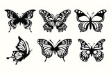 Black and white vector image of a flying butterfly silhouette for tattoo cards.