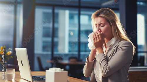 sick woman blowing their nose while she sits in the office