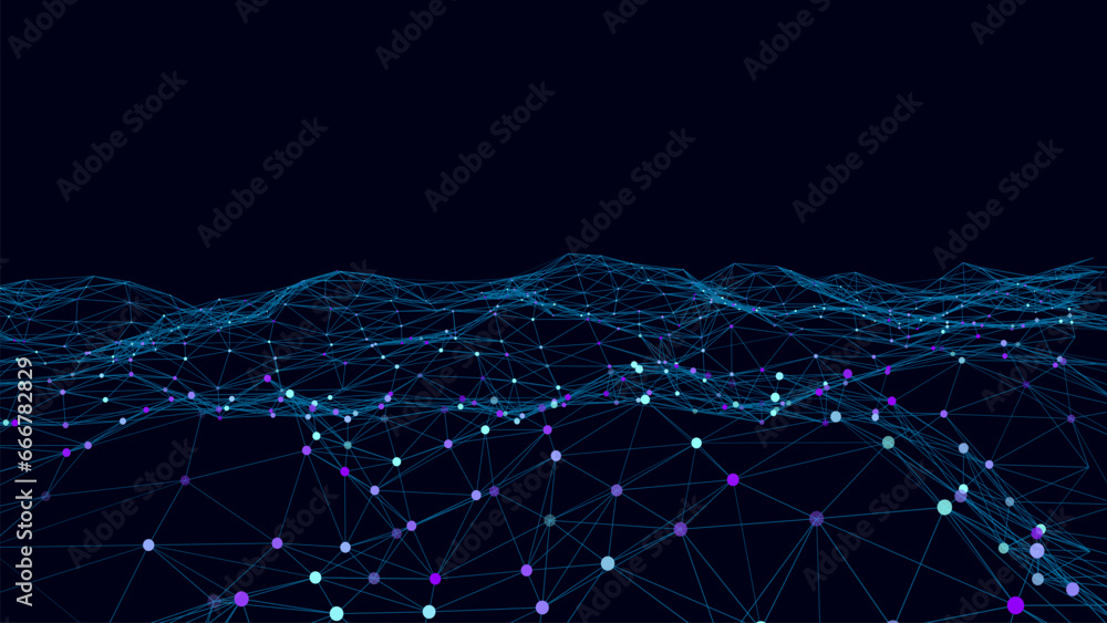 Fototapeta premium Abstract wave background with dots and lines moving in space. Technology illustration. Futuristic modern dynamic wave. Vector illustration.