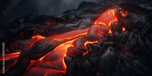  Lava Flow on a Mountain in Hawaii, Capturing the Fiery Spectacle of a Natural Disaster, While Highlighting the Way of Life and Renewal in the Face of Volcanic Forces