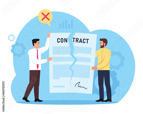 Vector illustration of contract termination. Cartoon scene with two men holding halves of a torn agreement with a signature isolated on a white background. Business concept.