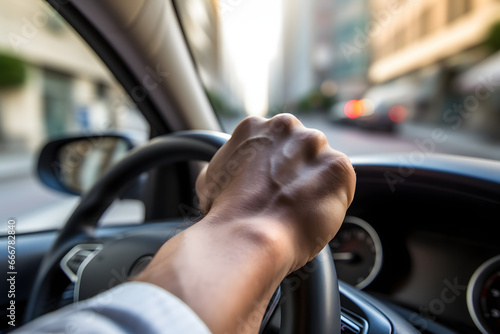 A hand gesture commonly associated with road rage seen from the perspective of a car driver behind. photo