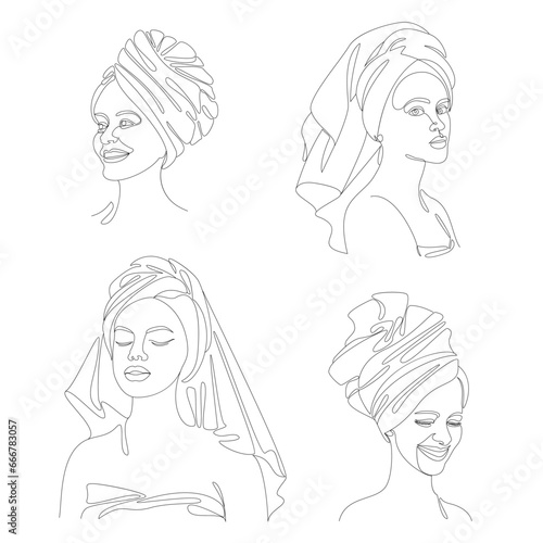 Collection. Silhouettes of a girl's head in a turban, a scarf, a towel. Woman face in modern one line style. Solid line, outline for decor, posters, stickers, logo. Vector illustration set.