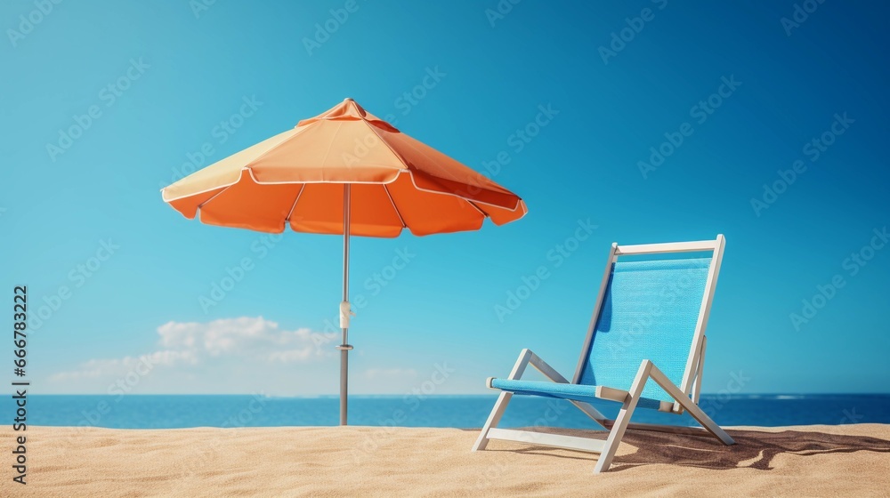 Empty deckchair with umbrella on the sand in the background of blue sky with clouds, concept of travel to warm countries, trip and vacation