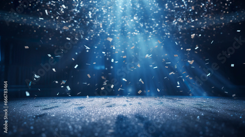 Festivity illustration with navy blue sparkling confetti raining on empty stage with beam of light. Empty room on festive stage with blue confetti.